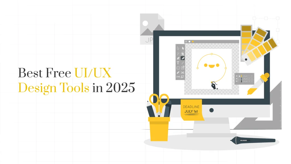 A designer using free UI/UX tools on a laptop in a modern workspace, showcasing wireframes and user flows